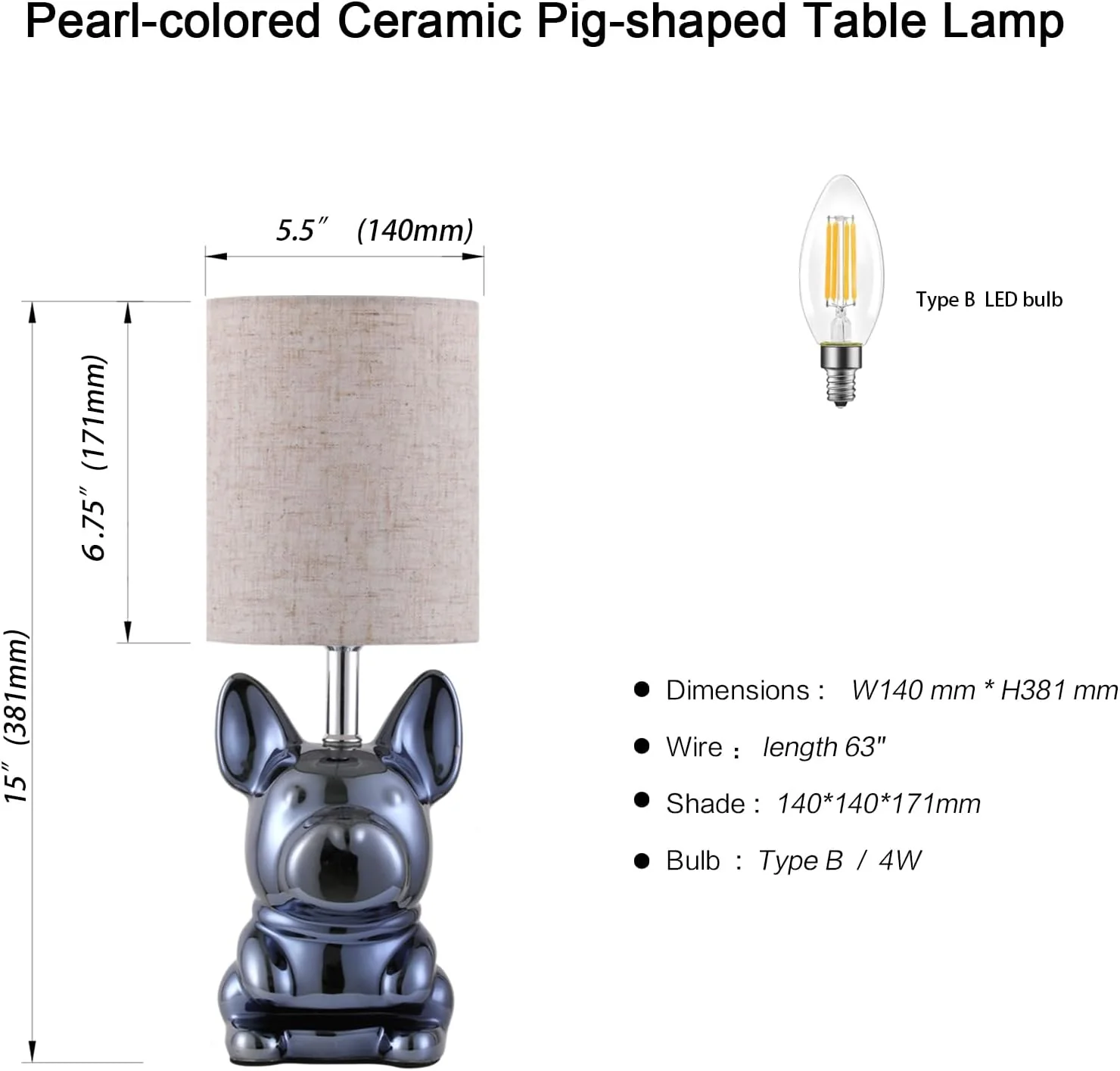 EOEYYOYB Single Glazed Ceramic Bulldog Linen Shade Table Lamp in Navy NEW - Image 3