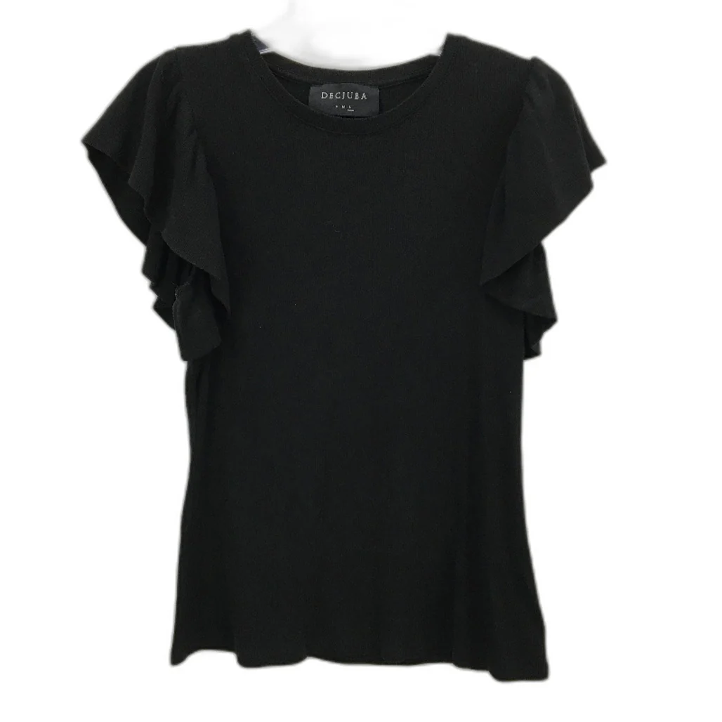 Decjuba Black Stretch Ribbed Ruffled Edged Shoulders Top Ladies Size Large