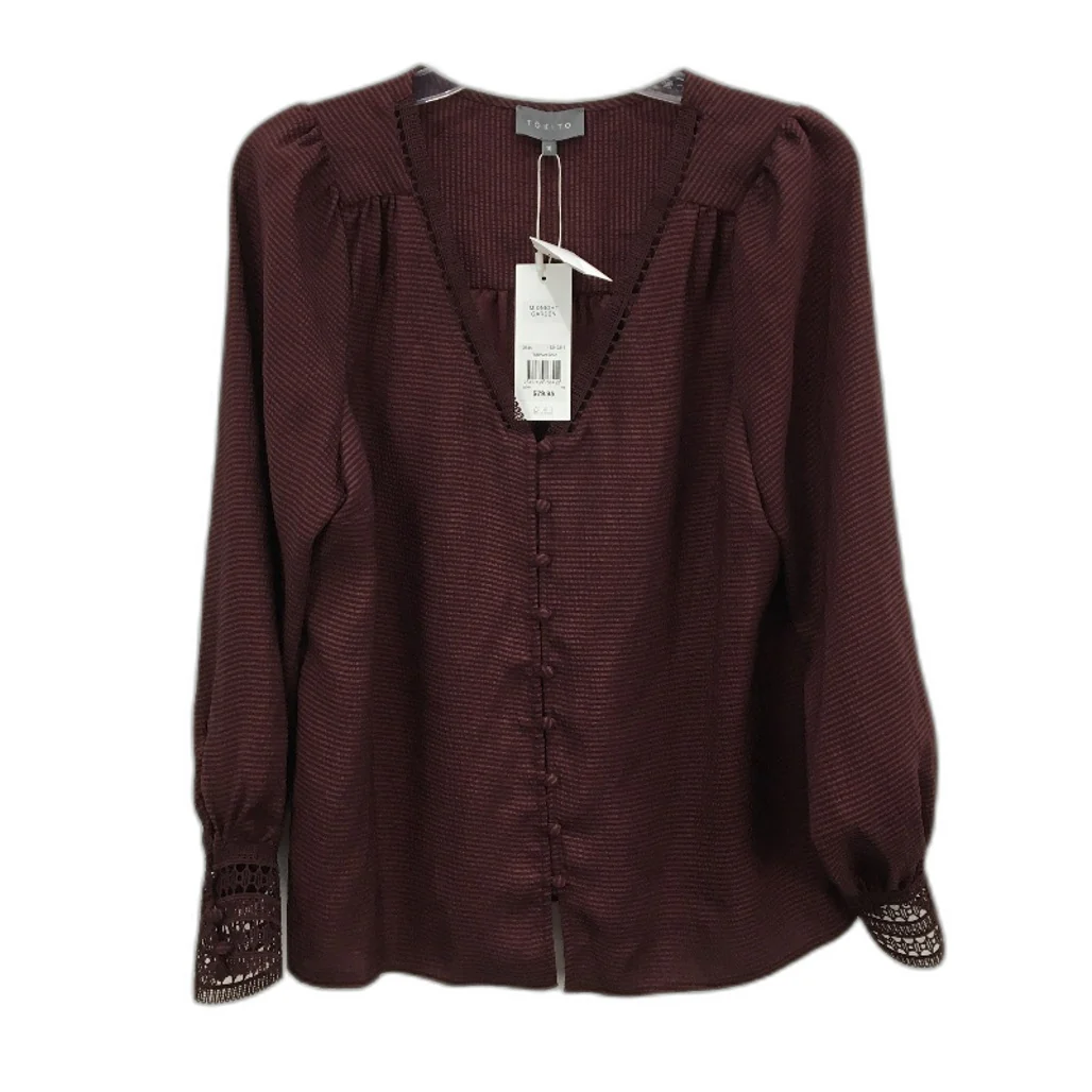 Tokito Burgundy Wine Long Sleeve Lace Cuff Shirt Blouse Ladies Size 10 NEW