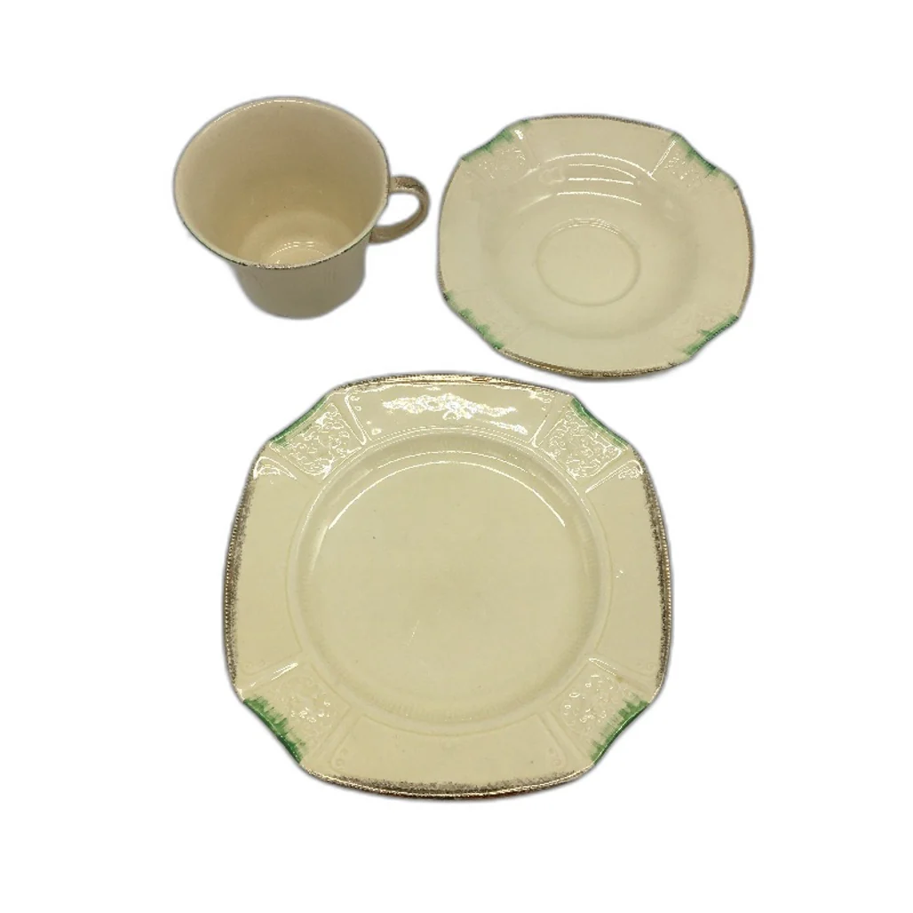 VINTAGE J & G Meakin England Romney Cream Green 3Pce Tea Cup, Saucer & Plate Set - Image 2