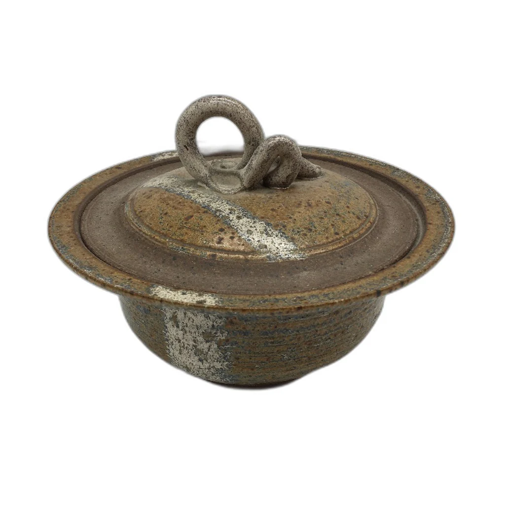 HANDCRAFTED Earthware Pottery Brown Toned Ornate Handled Trinket Dish With Lid - Image 2