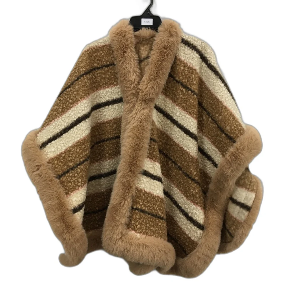 Neutral Tans Faux Fur Collar Wool Feel Evening Wear Poncho With Front Hook OSFM