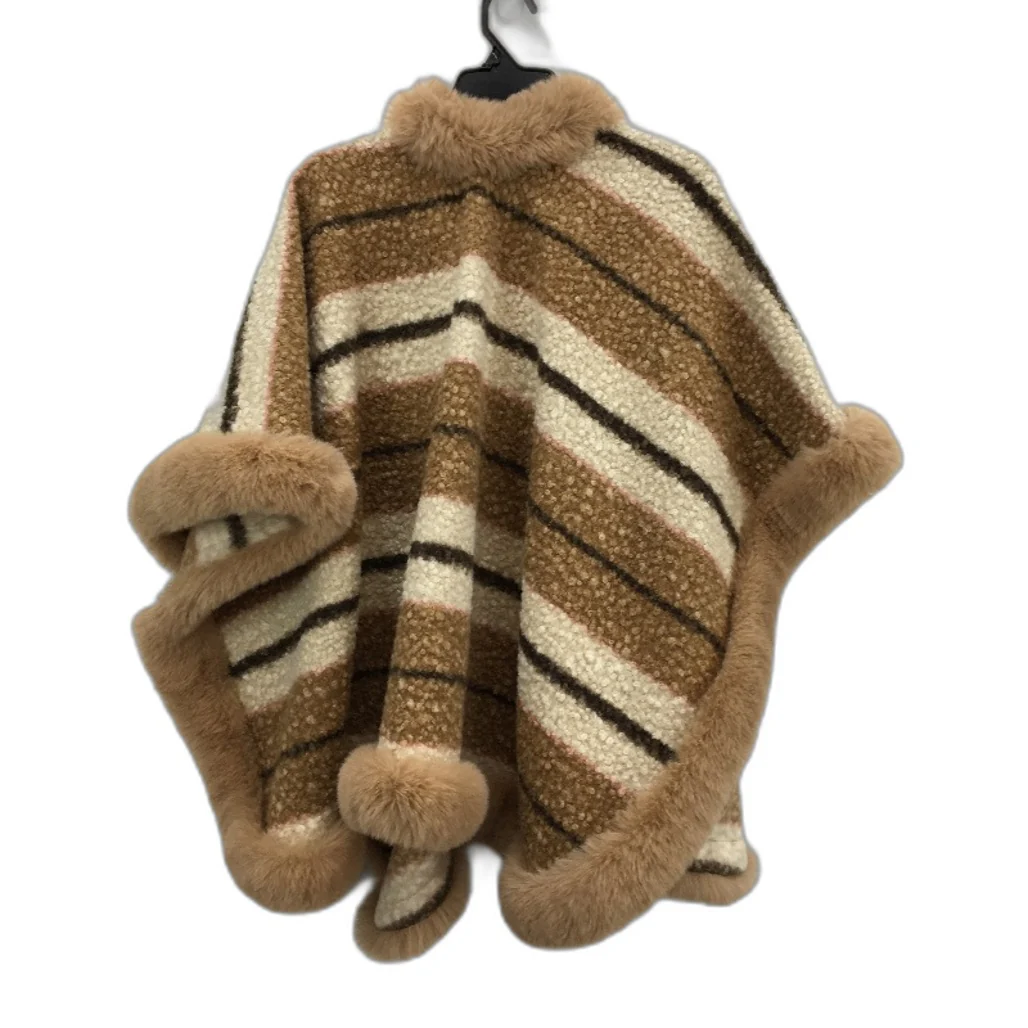 Neutral Tans Faux Fur Collar Wool Feel Evening Wear Poncho With Front Hook OSFM - Image 2