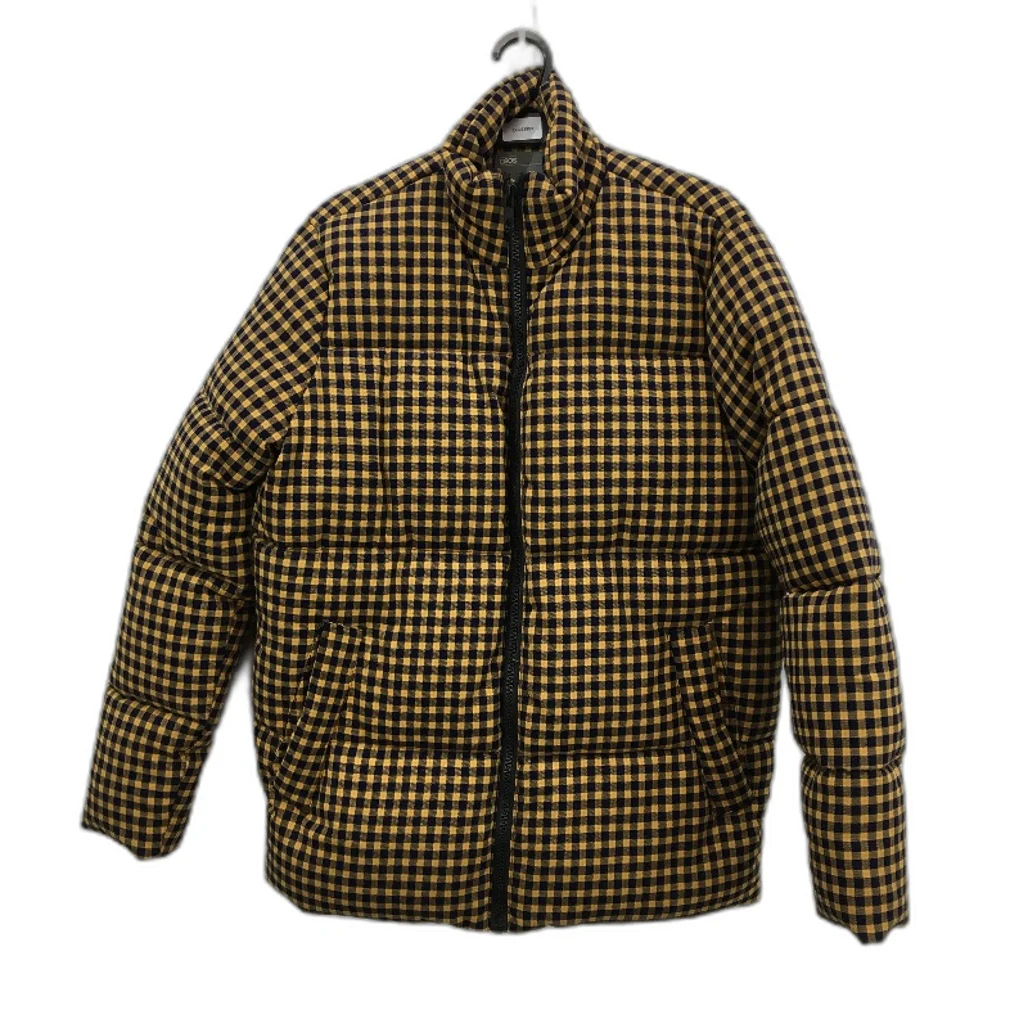 ASOS Navy & Mustard Check Thick Long Puffer Jacket Coat Ladies Size XS