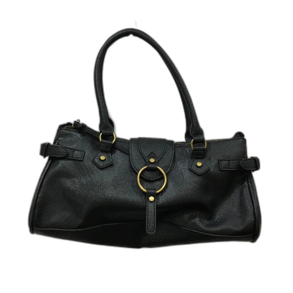 Black Leather Look Brass Accented Zip Up Everyday Hand Bag With Handles NEW