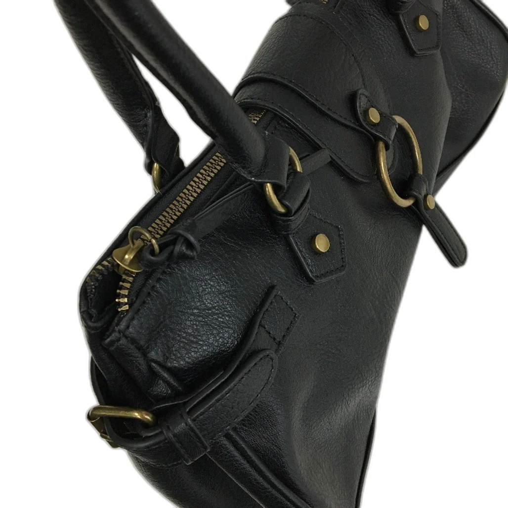 Black Leather Look Brass Accented Zip Up Everyday Hand Bag With Handles NEW - Image 3
