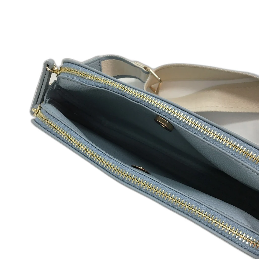 Light Blue Leather Look Double Pocket Crosbody Bag With Cloth Shoulder Strap NEW - Image 4