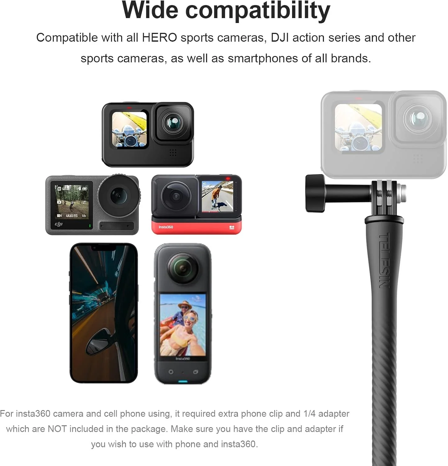 TELESIN Flexible Mount Clamp Selfie Stick for GoPro & Insta360 - Image 8