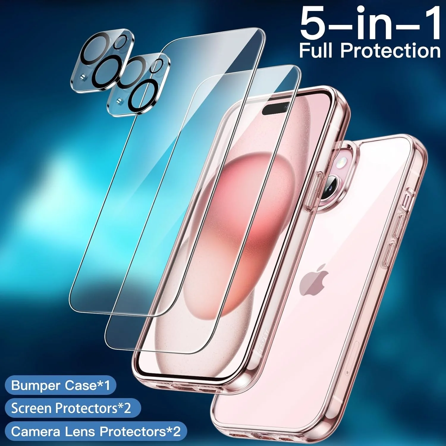 JETech 5 in 1 iPhone 15 Case with Tempered Glass Protectors Pink - Image 3