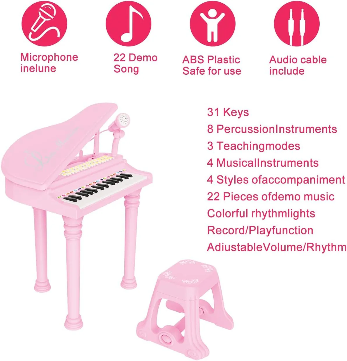Losbenco P1504A Kids Piano Keyboard Toy with Microphone Pink - Image 2