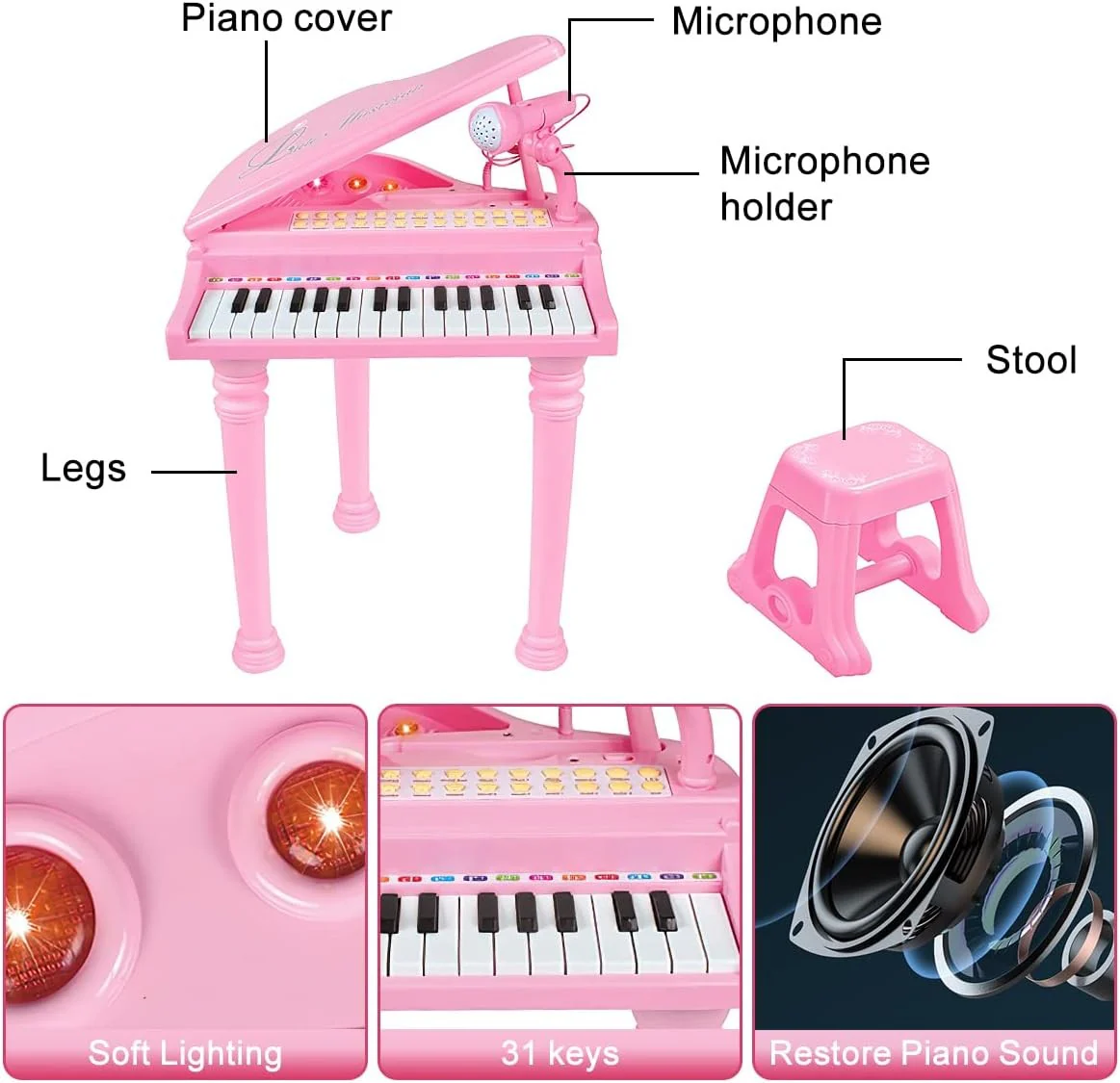 Losbenco P1504A Kids Piano Keyboard Toy with Microphone Pink - Image 4