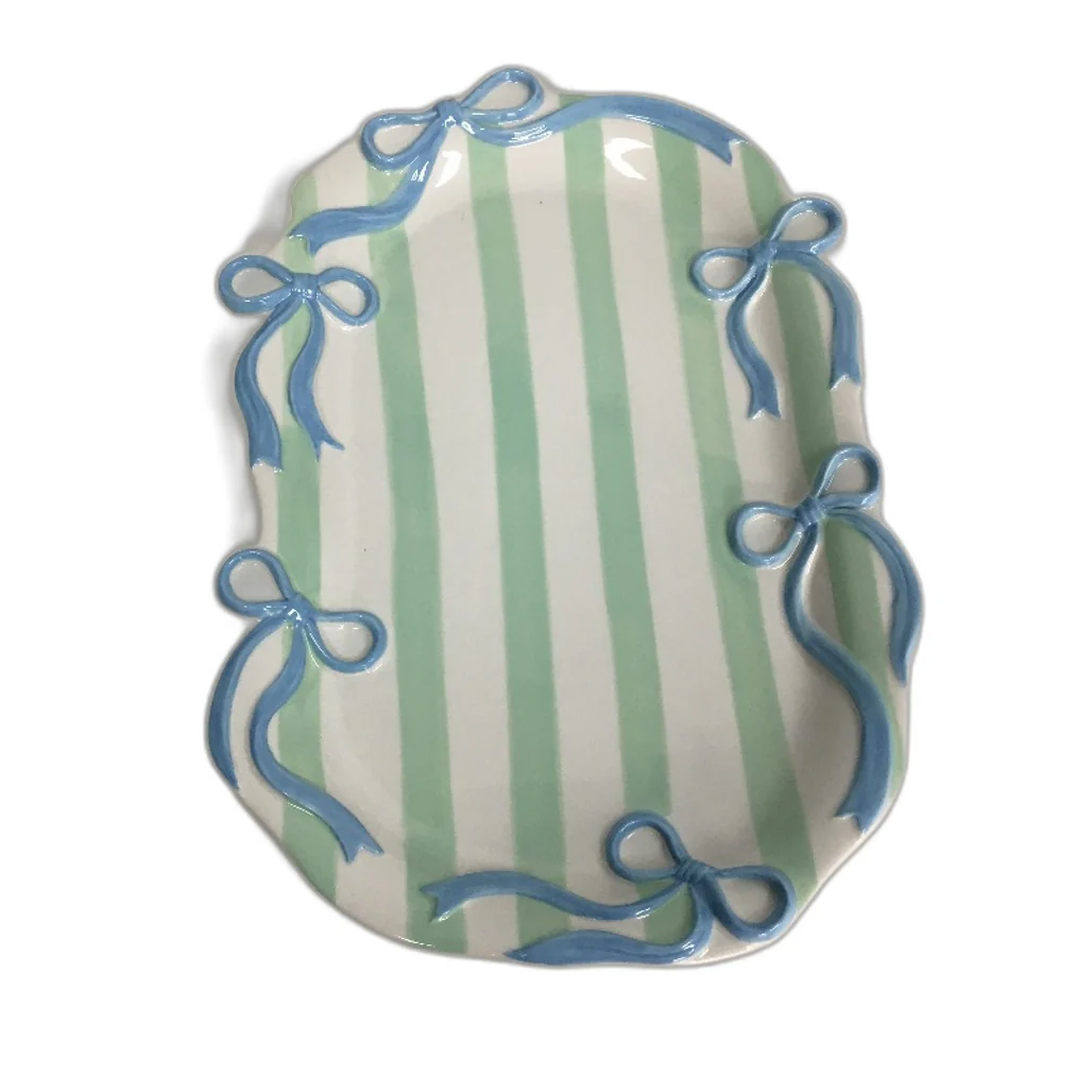 Ceramic Green White Stripe With Bows Jug, Serving Dishes & Tablecloth Set NEW - Image 3