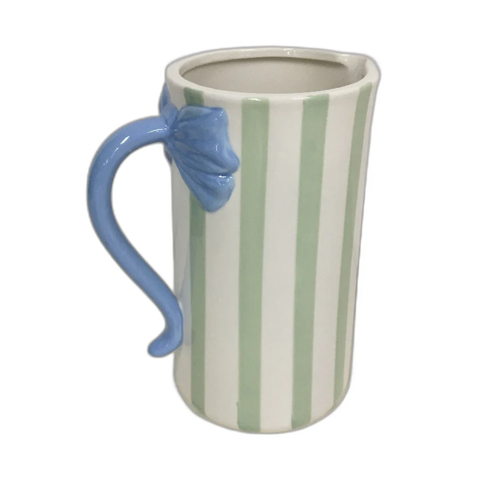 Ceramic Green White Stripe With Bows Jug, Serving Dishes & Tablecloth Set NEW - Image 5