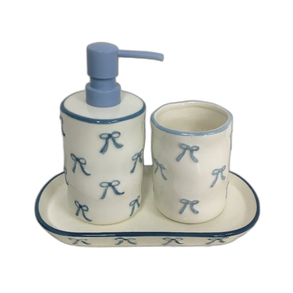 White Ceramic Blue Bow Accent 5 Piece Bathroom Container & Toilet Set NEW - Image 2