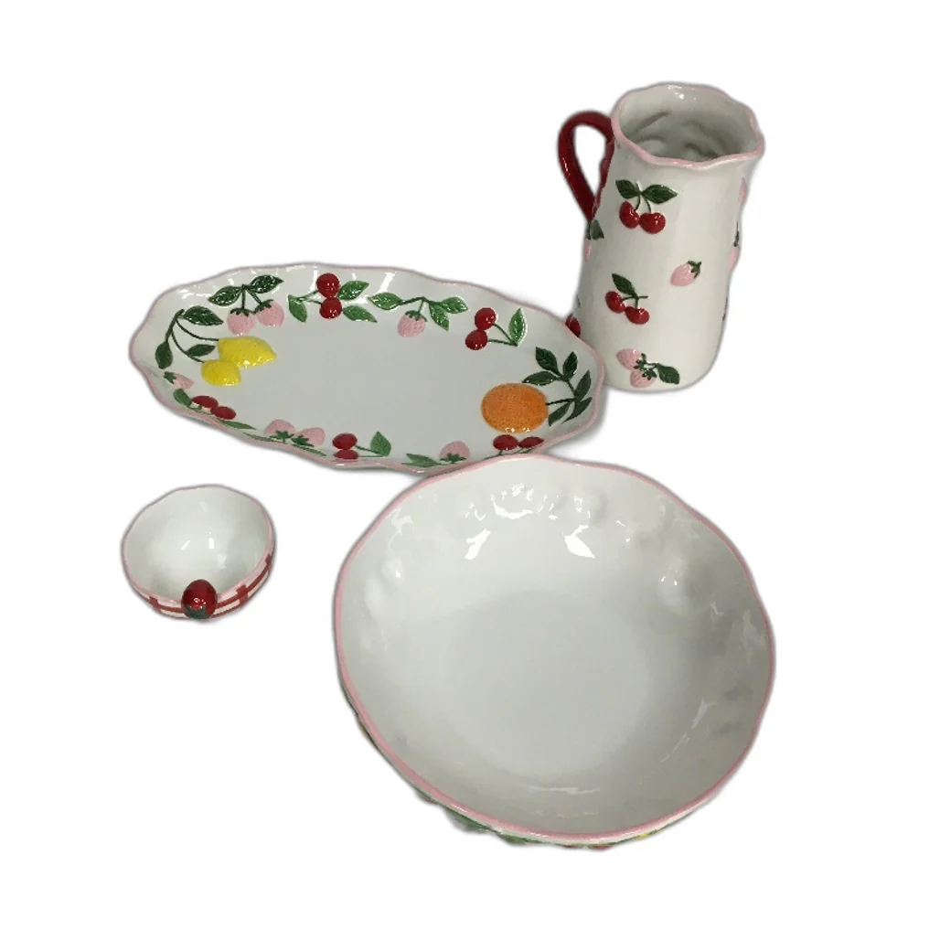 Fruit Salad White & Strawberries Home Decor Ceramic Jug & Platter 4 Pce Set NEW - Image 2