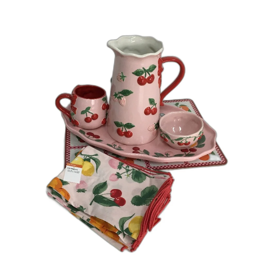 Fruit Salad Pink Cherries Strawberries Ceramic Jug Platter Mug 6 Pce Set NEW