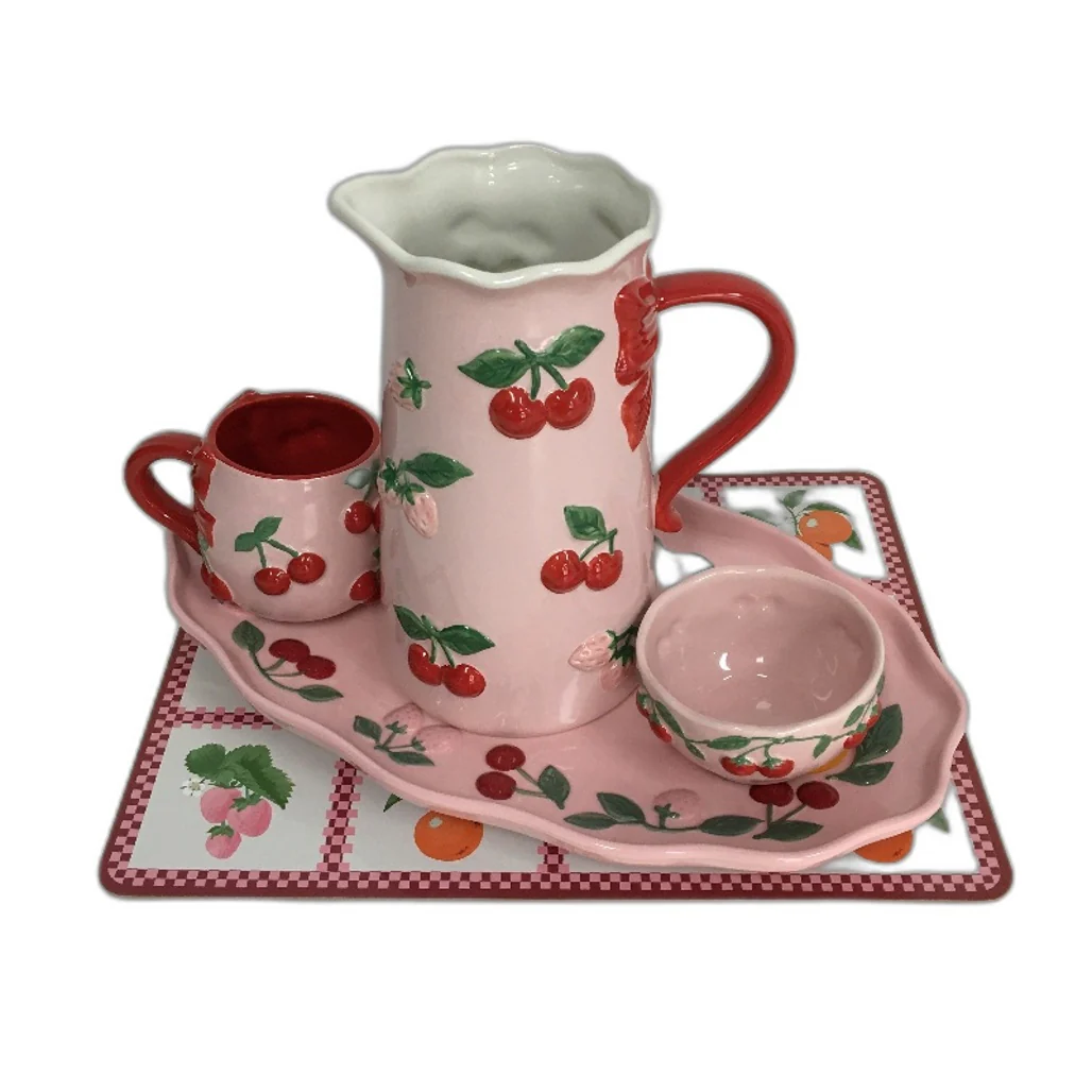 Fruit Salad Pink Cherries Strawberries Ceramic Jug Platter Mug 6 Pce Set NEW - Image 2