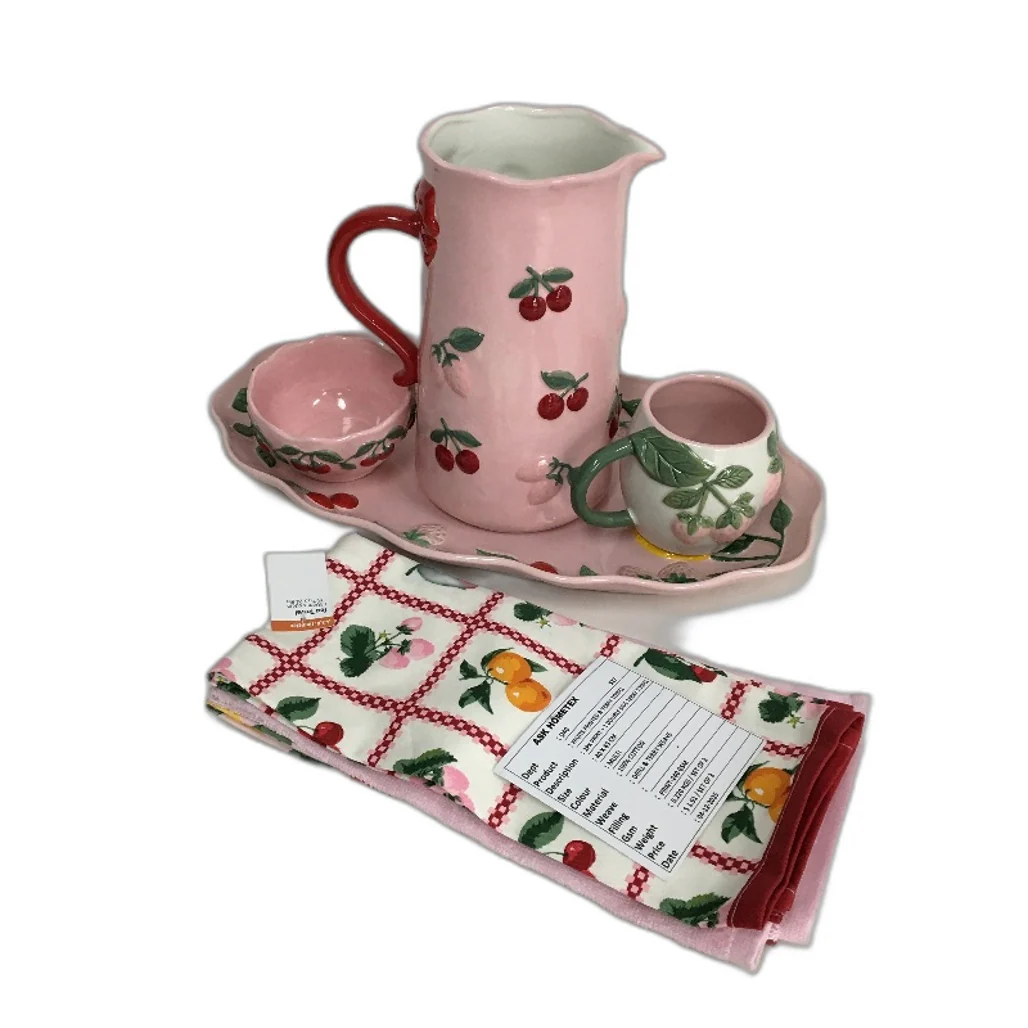 Fruit Salad Pink Cherries Strawberries Ceramic Jug Platter Mug 8 Pce Set NEW