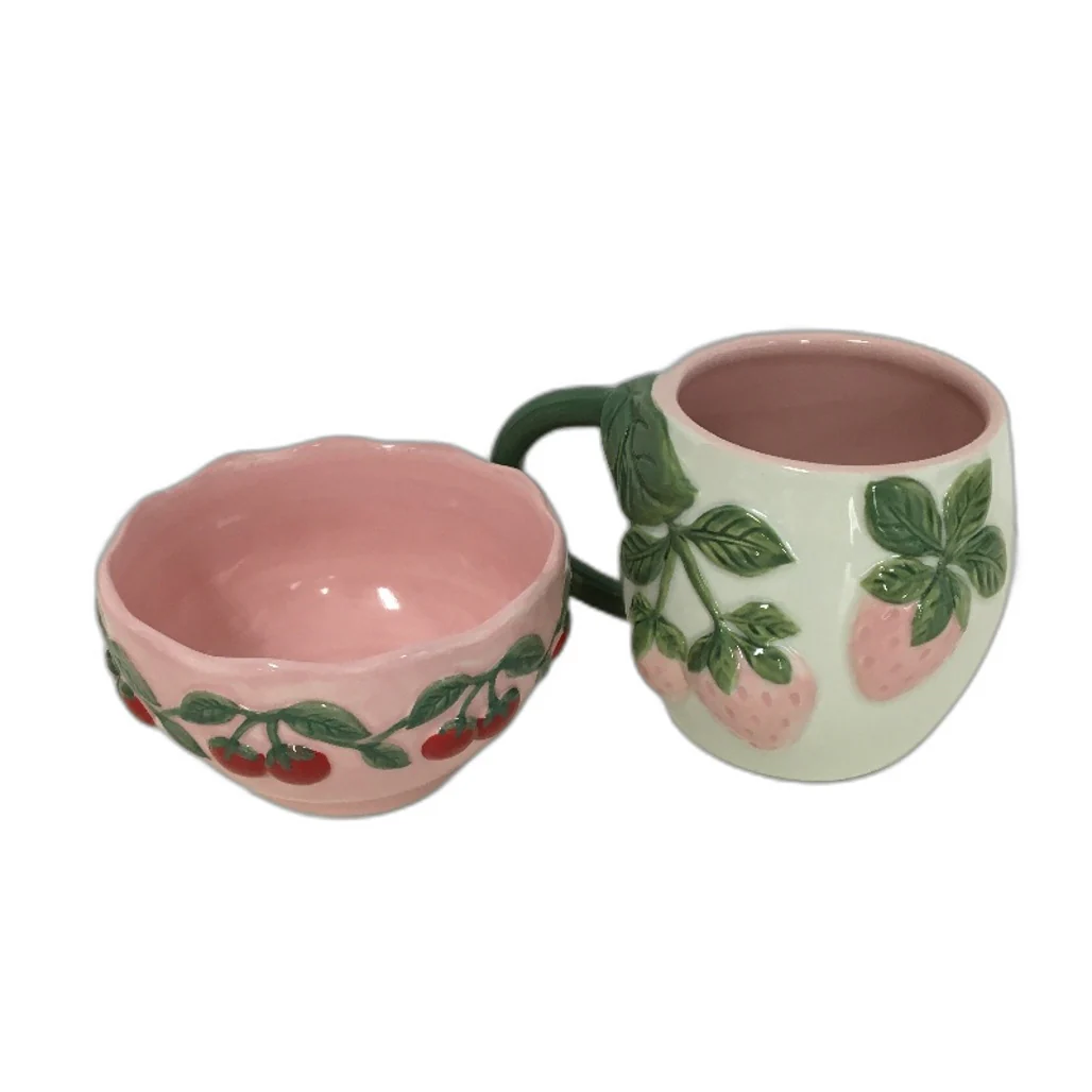 Fruit Salad Pink Cherries Strawberries Ceramic Jug Platter Mug 8 Pce Set NEW - Image 4