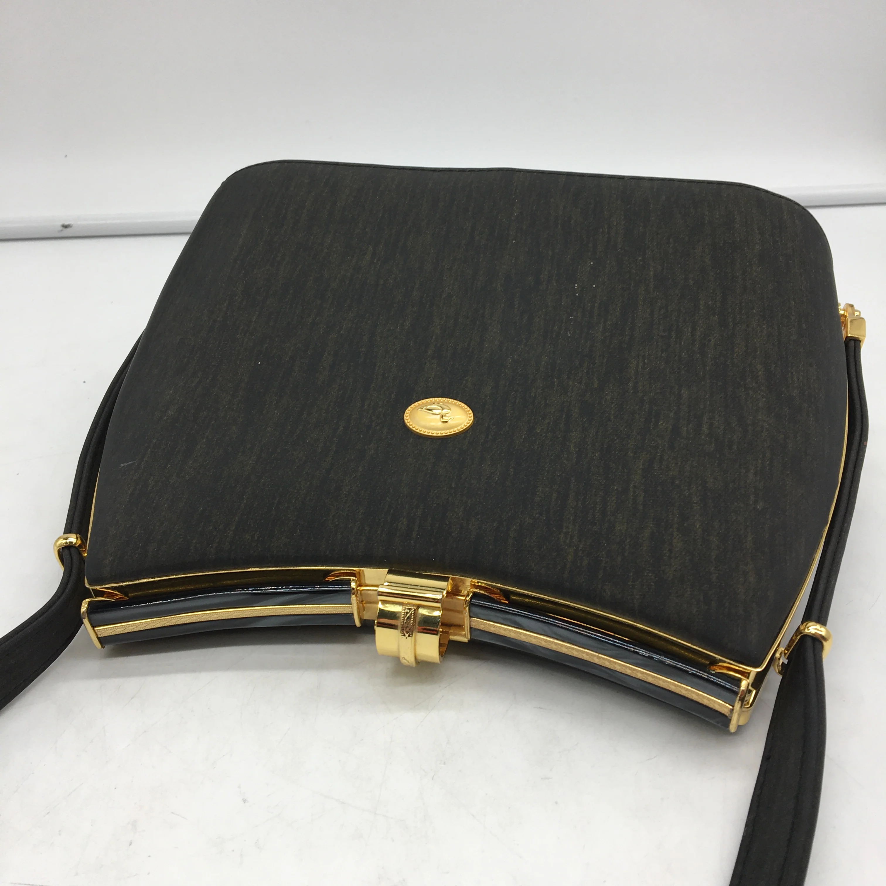 VINTAGE Jade Duck Brown Silky Fabric Toutoise Shell Look Gold Detail Handbag - Image 3
