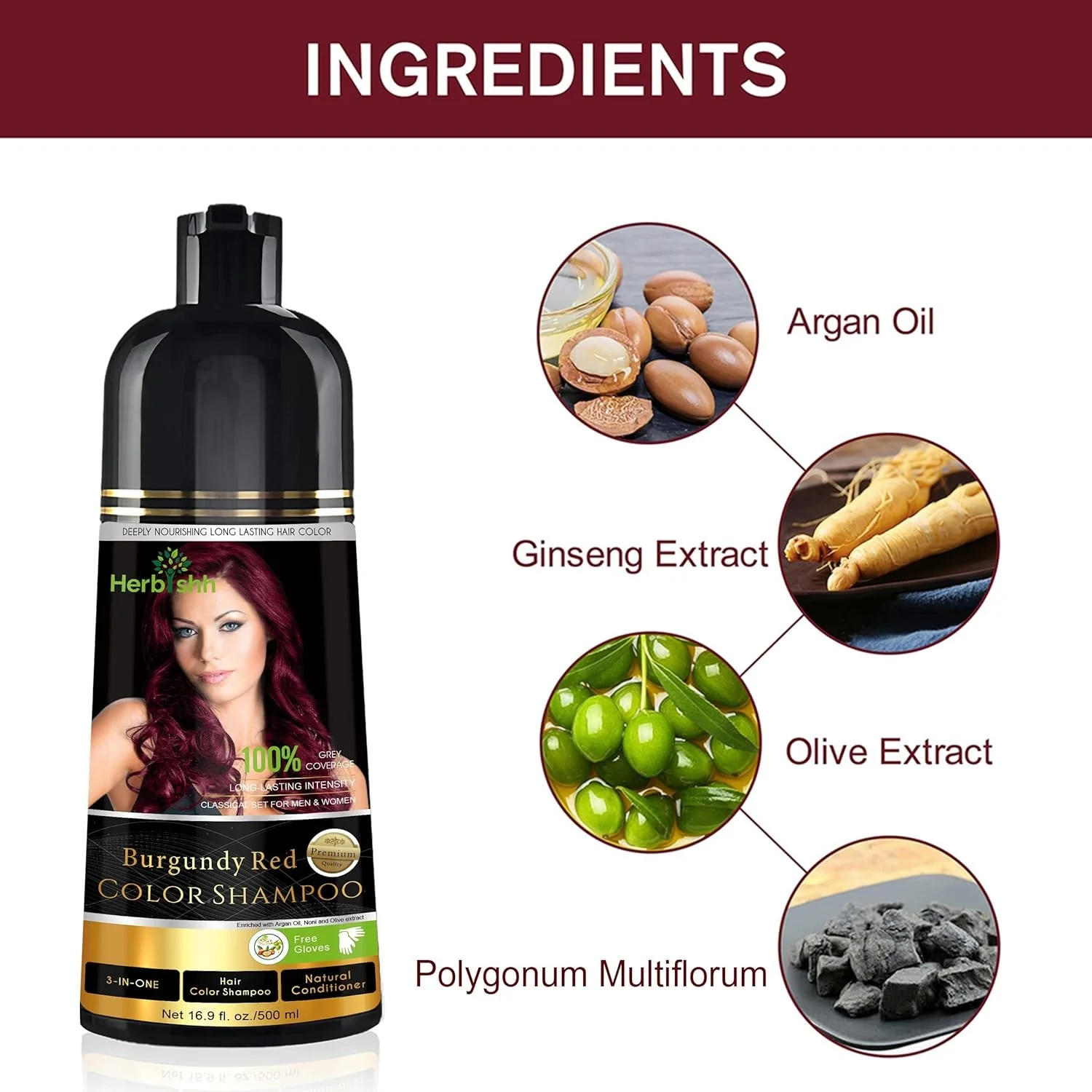 Herbishh 500ml 3 in 1 Burgundy Red Ammonia Free Hair Dye Shampoo NEW - Image 3