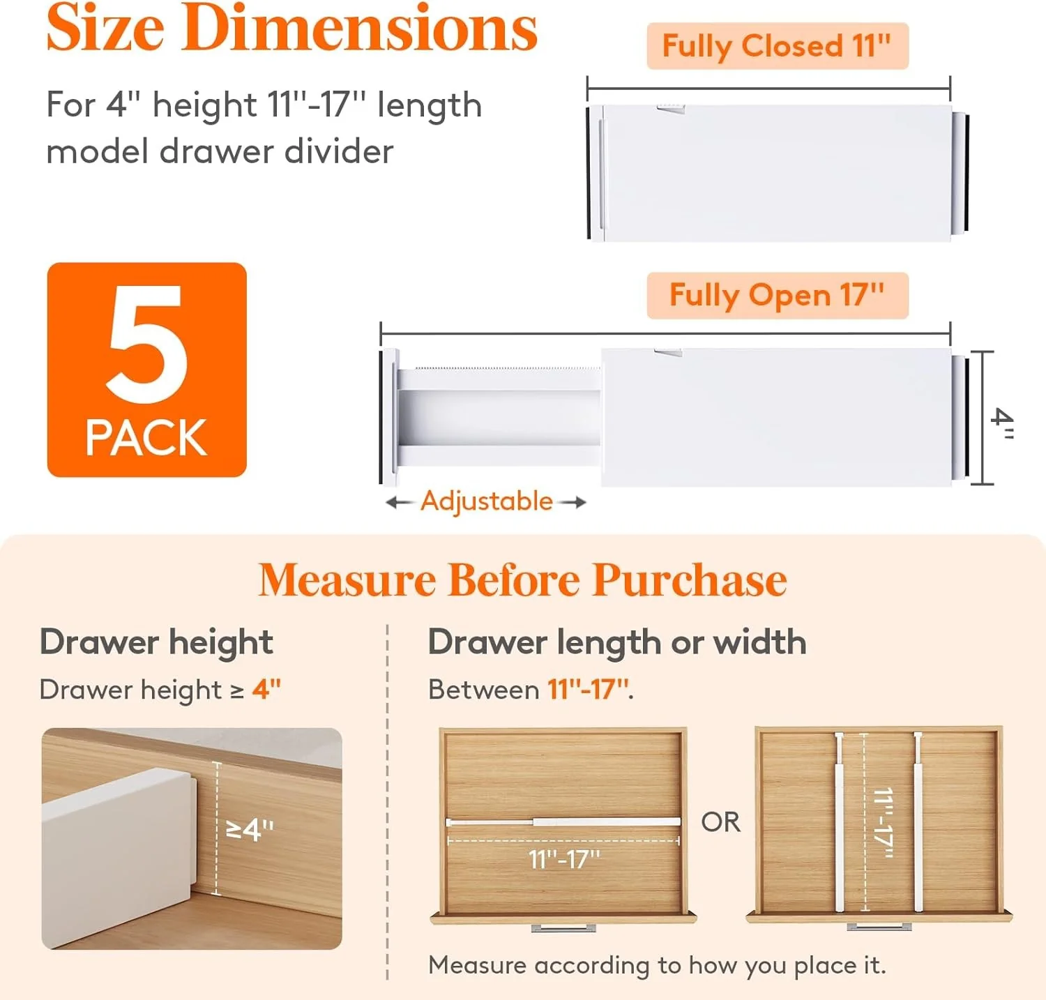 Lifewit 5 Pack 28-43cm White Adjustable Drawer Organisers Storage NEW - Image 2