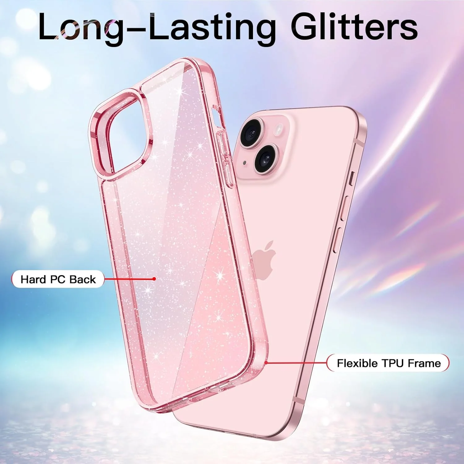 JETech Clear Pink Glitter Case for iPhone 15 6.1-Inch Shockproof Bling Cover NEW - Image 3