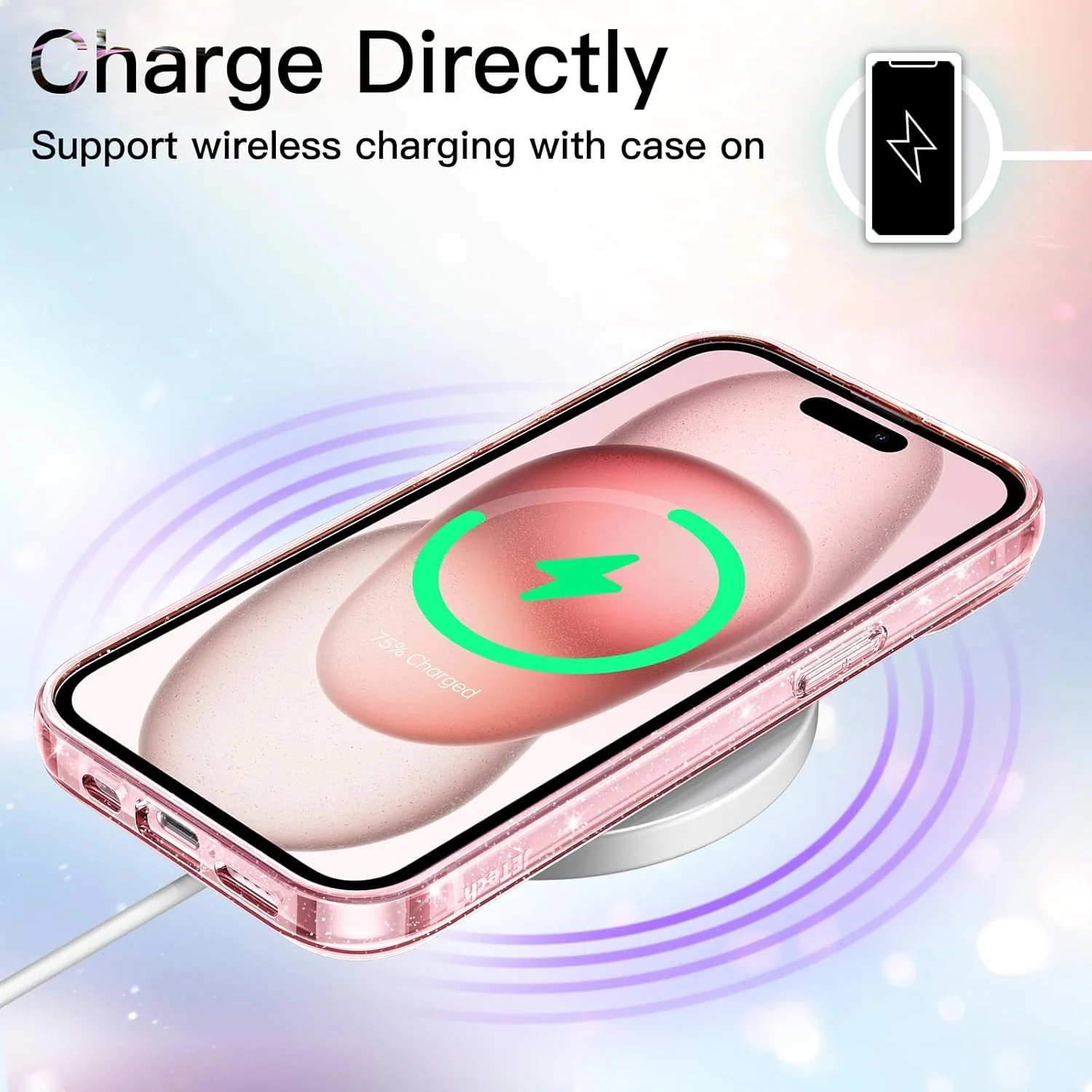 JETech Clear Pink Glitter Case for iPhone 15 6.1-Inch Shockproof Bling Cover NEW - Image 7