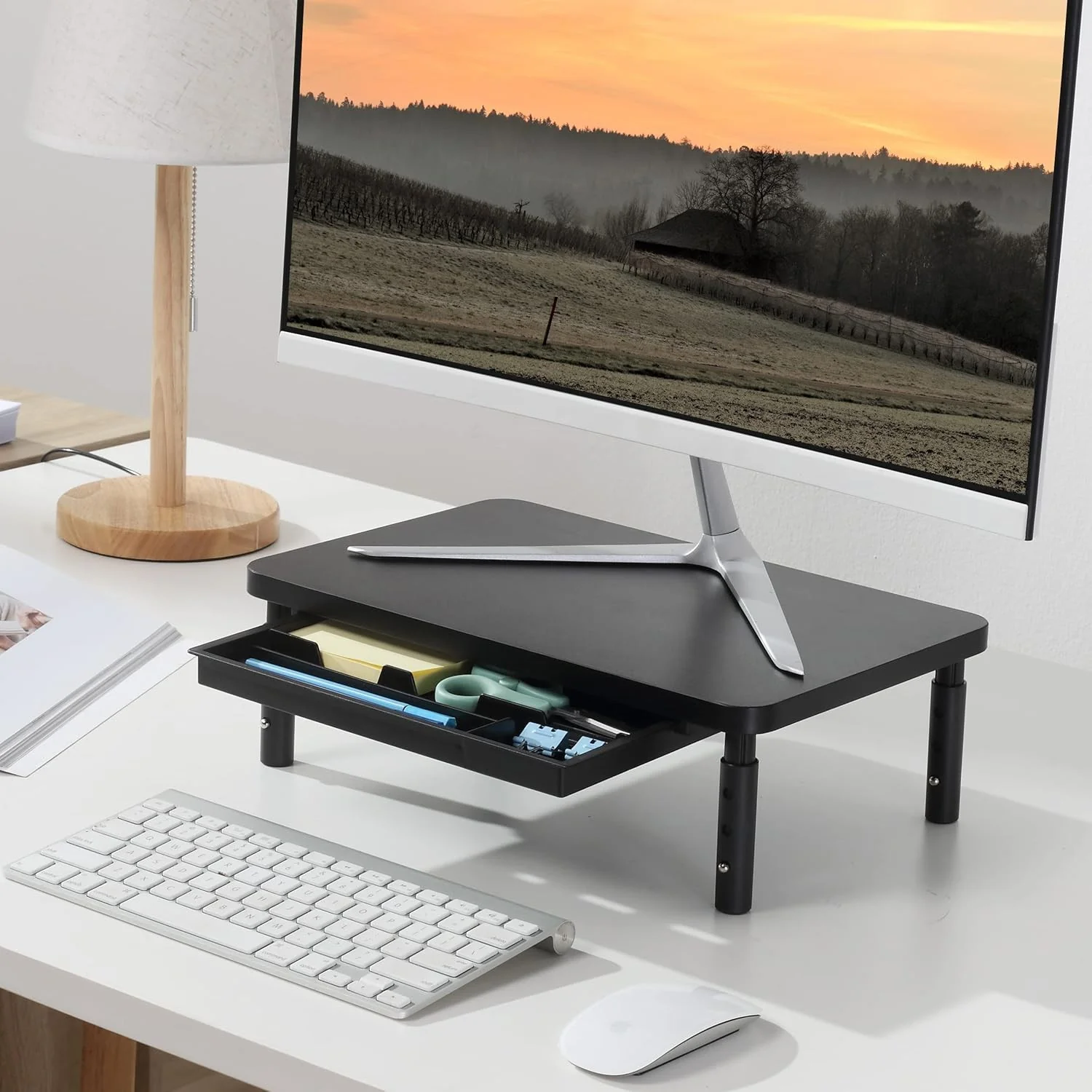 ETHU Adjustable Desk Riser Black Wood Monitor Stand with Storage Drawer DEMO - Image 2