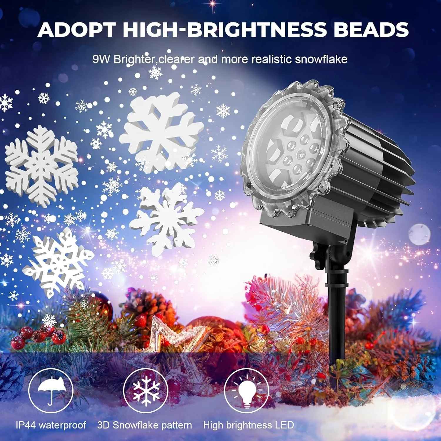3D Snowflake White Snowfall Indoor Outdoor Waterproof Projector Light NEW - Image 2