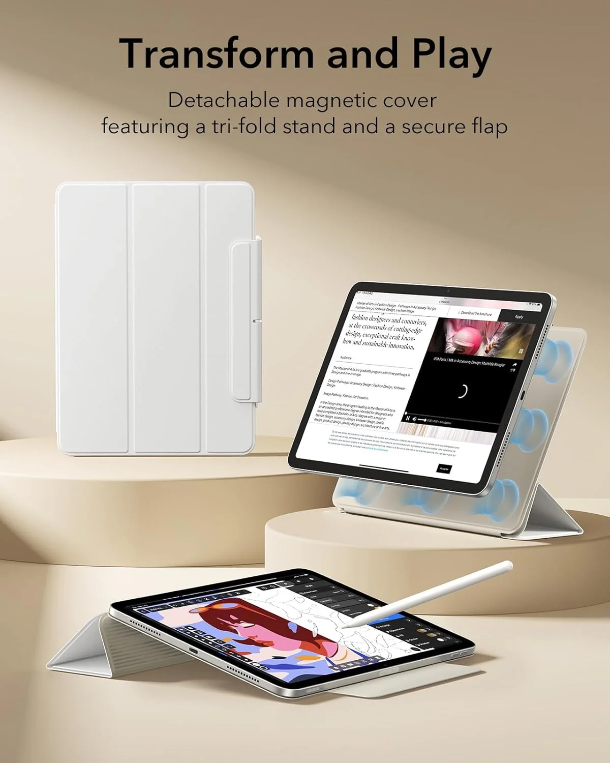 ESR iPad Air Pro Case 11" M4 2024 5th Gen White Slim Trifold Magnetic Case NEW - Image 2