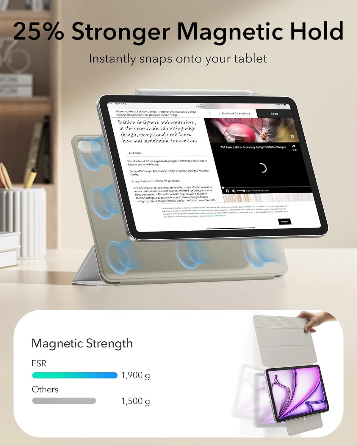 ESR iPad Air Pro Case 11" M4 2024 5th Gen White Slim Trifold Magnetic Case NEW - Image 5