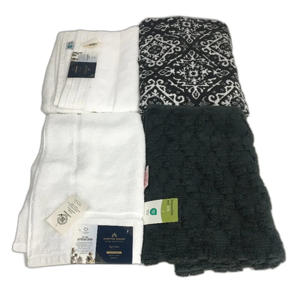 100% Cotton Charcoal & Bright White 4Pce Bath Mat & Bath Towel Pack NEW - Image 2