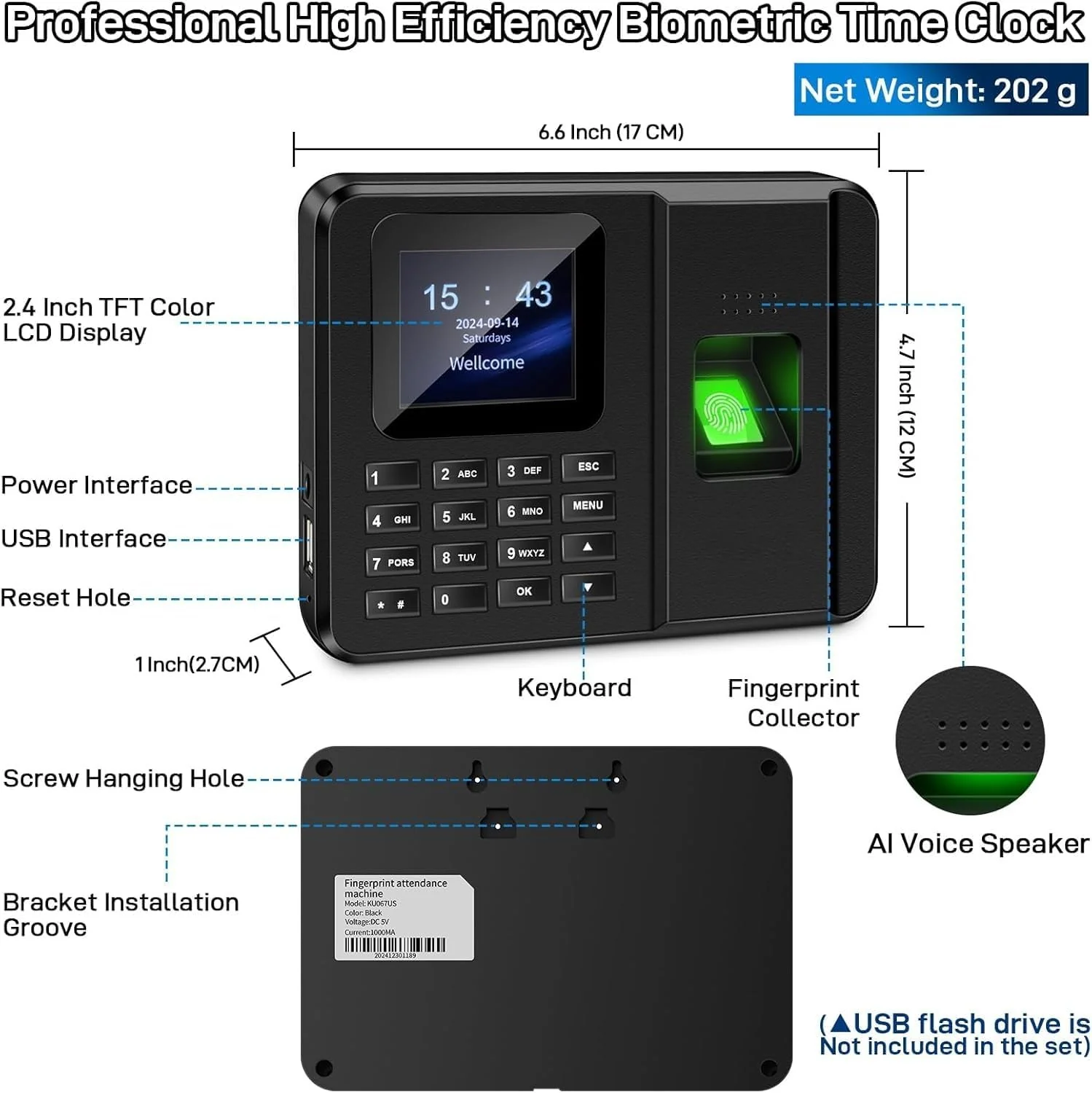 CHUCII 2-in-1 Time Clocks for Small Businesses Fingerprint and Password NEW - Image 2