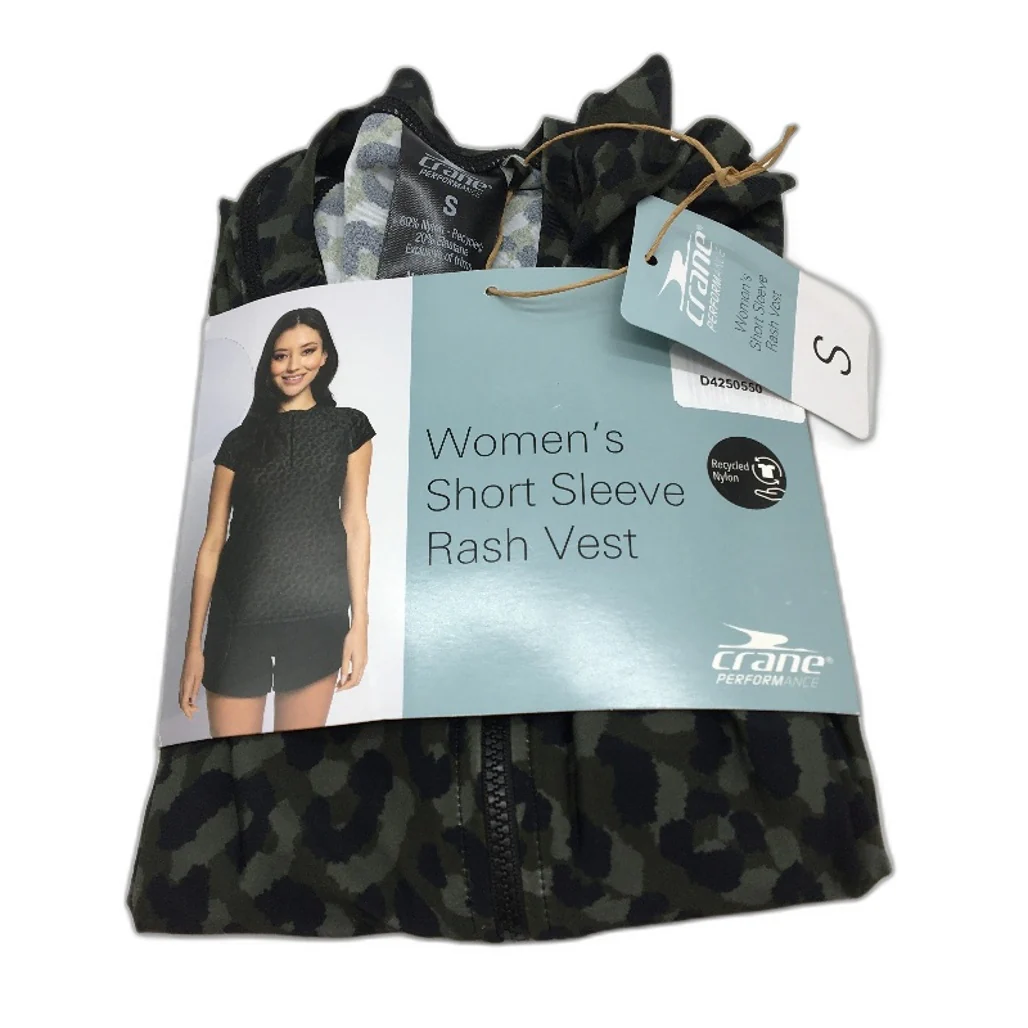 Crane Green & Black Leopard Print Short Sleeve Zip-Up Rash Vest Ladies Sz S NEW