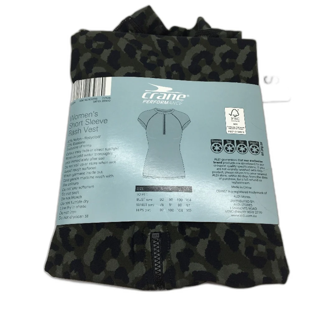 Crane Green & Black Leopard Print Short Sleeve Zip-Up Rash Vest Ladies Sz S NEW - Image 2
