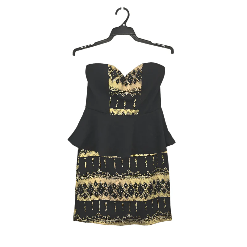 Izabel London Black & Gold Strapless Bandeau Mini Dress Patterned Ladies Size 8