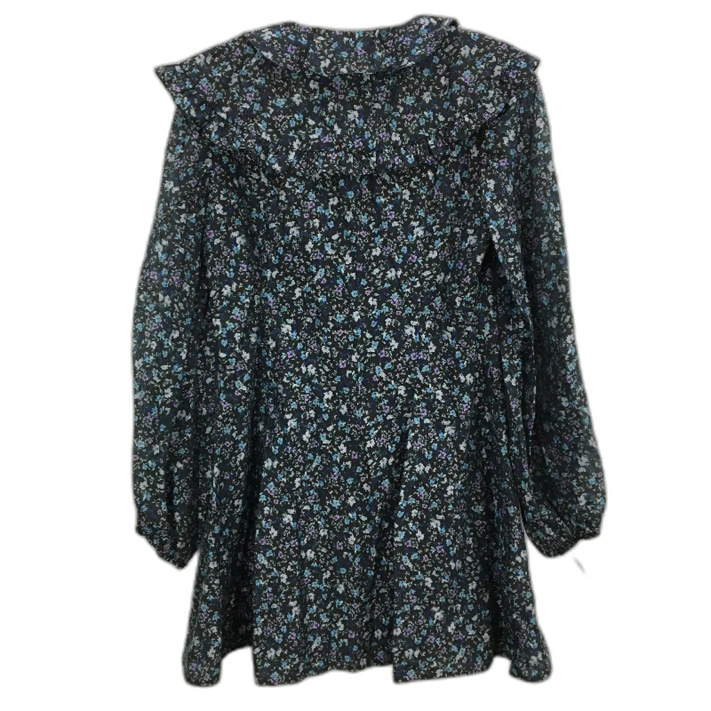 Black Floral Patterned Sheer Long Sleeve Ruffle Collar Mini Dress Ladies Size M - Image 2