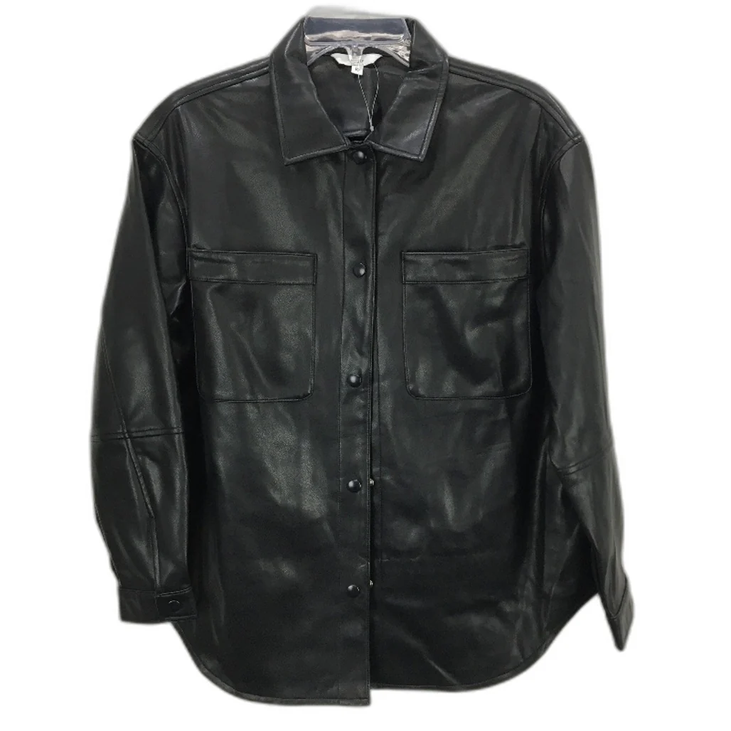 Black Faux Leather PU Button Down Kids Jacket With Front Pockets Youth Sz 10 NEW