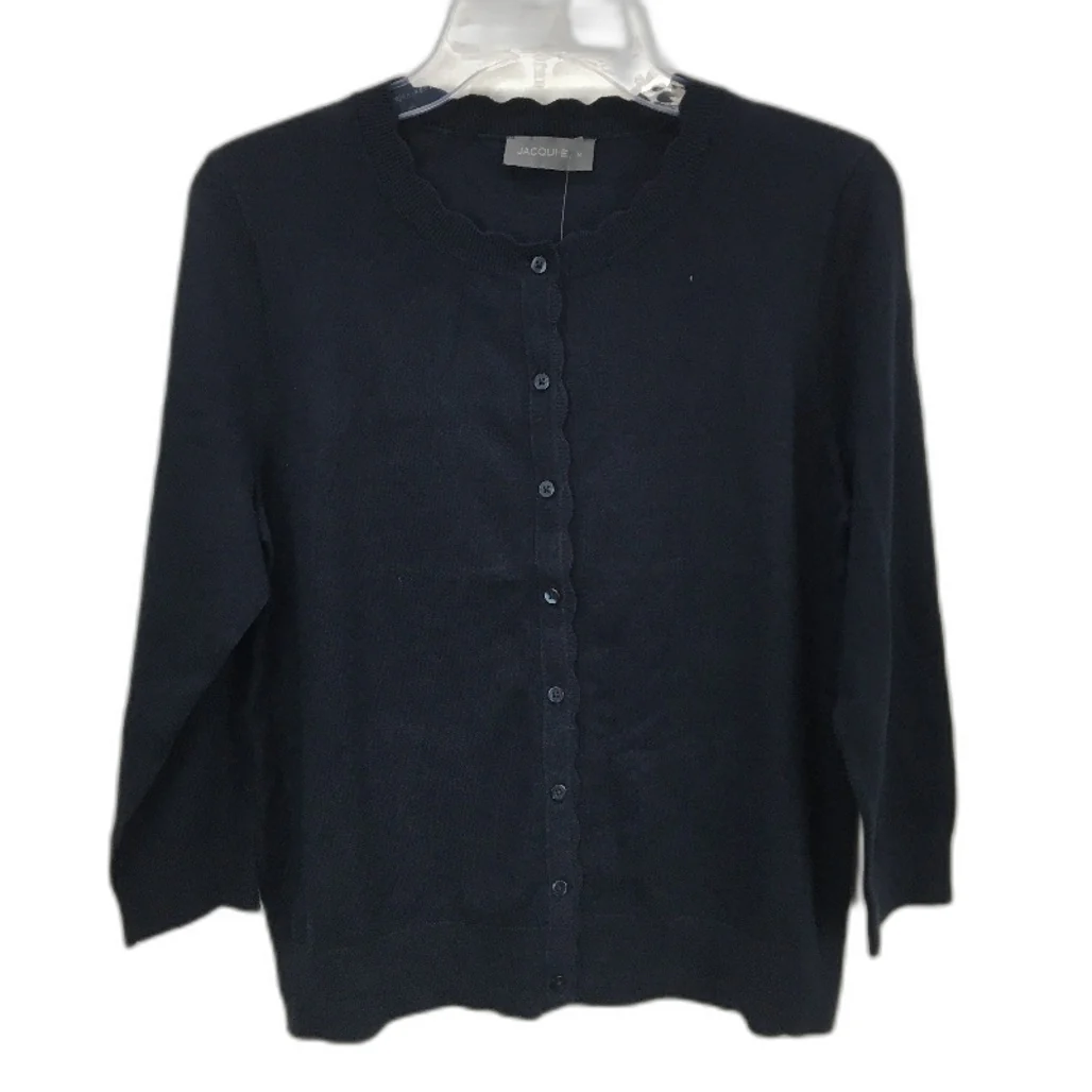 Jacqui E Mila 3/4 Sleeve Navy Blue Scallop Cardi Ladies Size Medium NEW