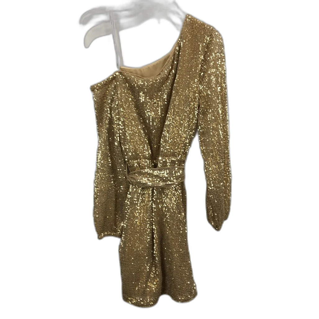 Forever New Gold Sequin Long Sleeve One-Shoulder Mini Dress Ladies Size AU 6 - Image 2