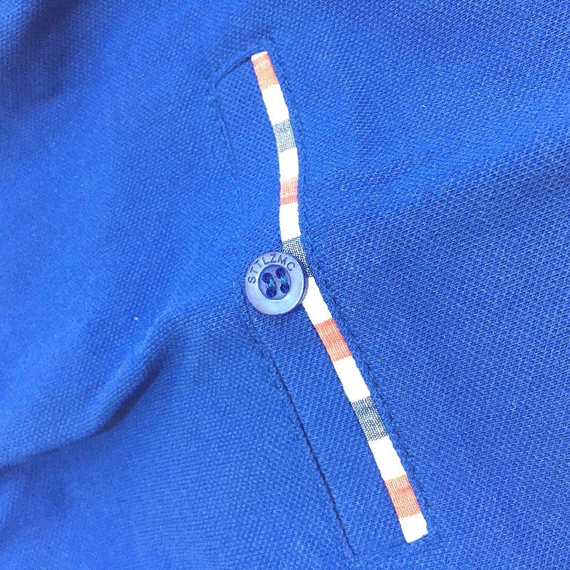 STTLZMC Blue Cotton Long Sleeve Slim Polo Shirt Contrast Plaid Collar Men Sz 2XL - Image 3