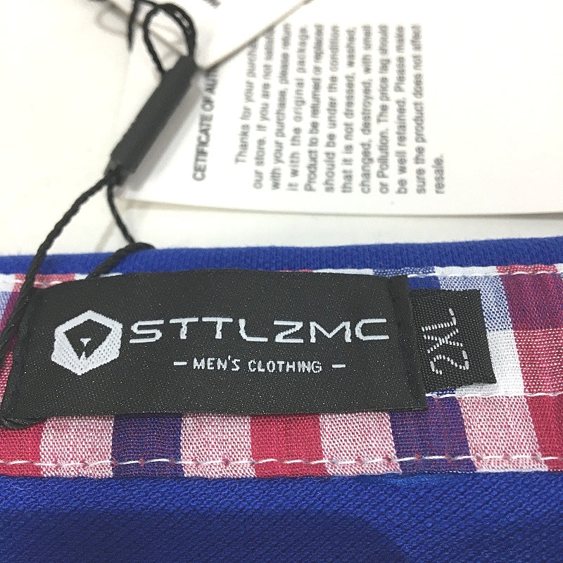 STTLZMC Blue Cotton Long Sleeve Slim Polo Shirt Contrast Plaid Collar Men Sz 2XL - Image 4