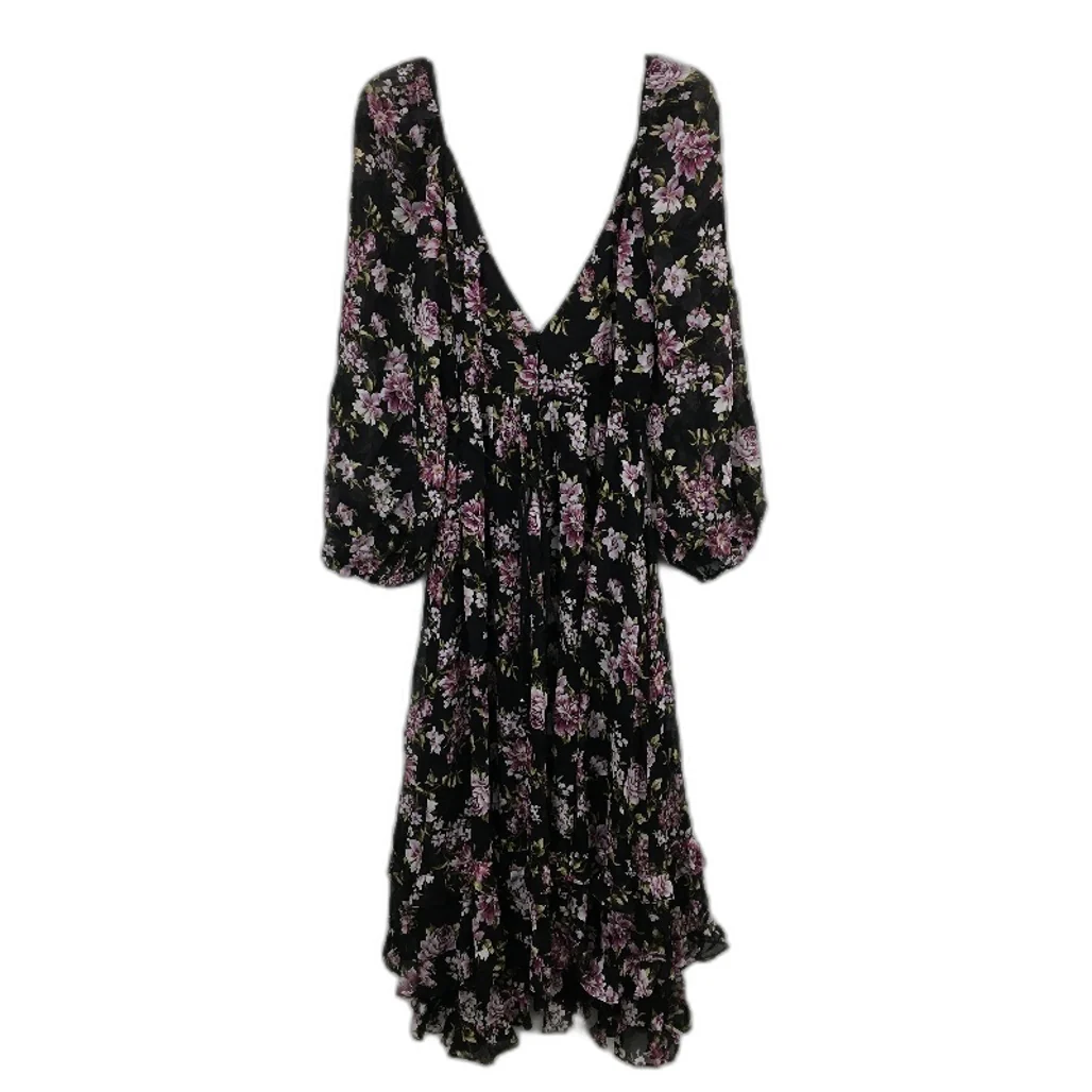 Forever New Black Long Sleeve Floral Layered Ruffle Midi Dress Ladies Size AU 8 - Image 2