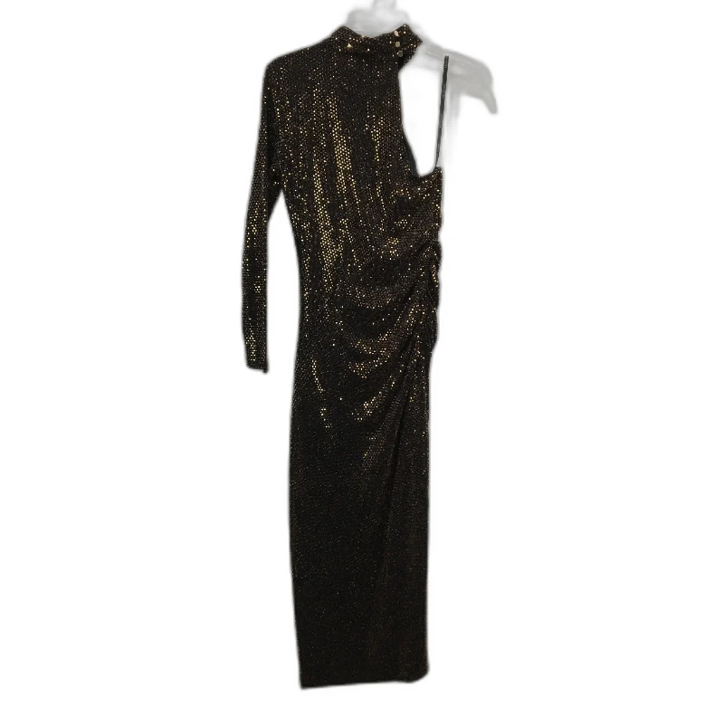 Forever New Black & Gold Long Sleeve One-Shoulder Midi Dress Ladies Size AU 12 - Image 2