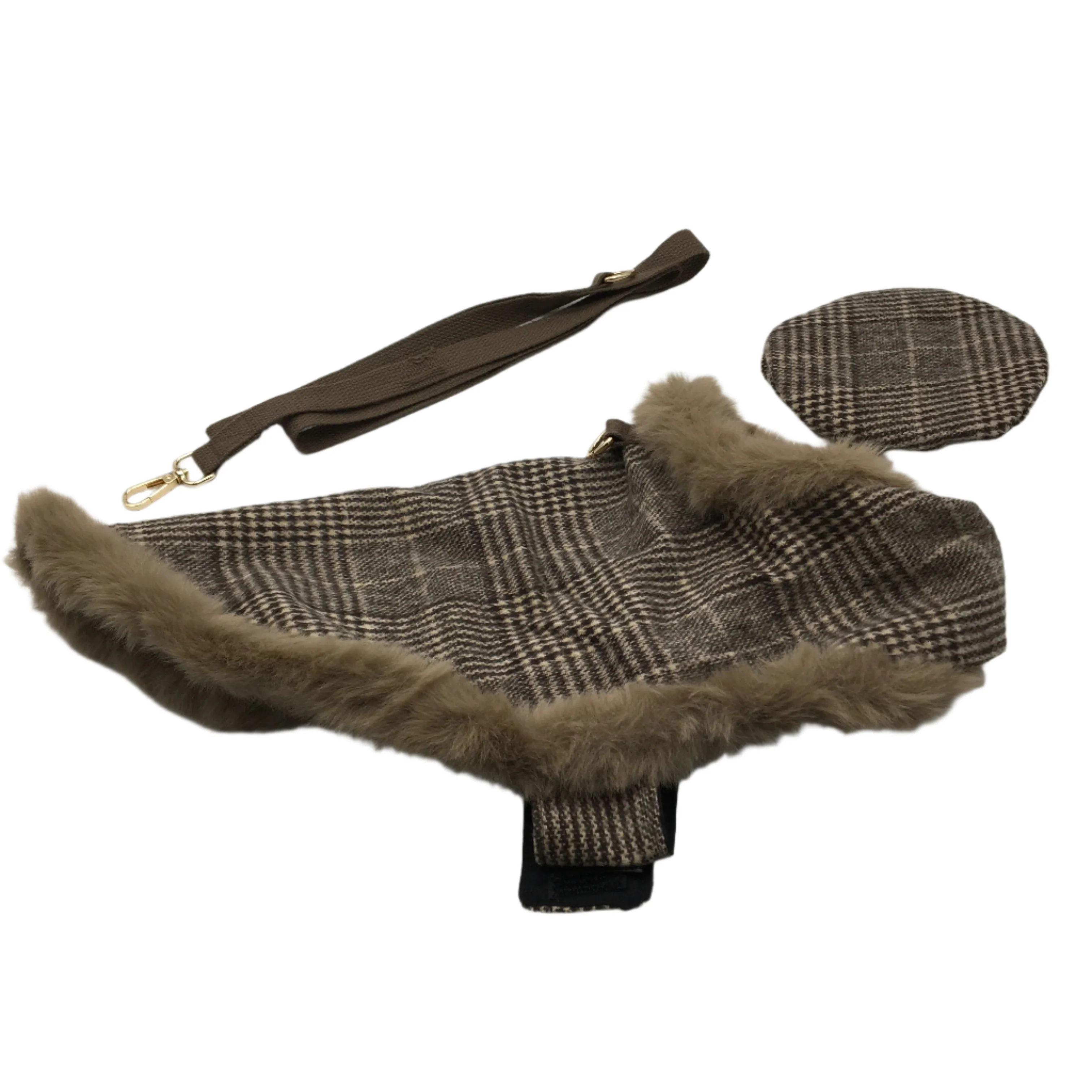 Milo & Mink Brown Plaid Faux Fur Trim Dog Coat Harness With Hat & Leash Size XXS
