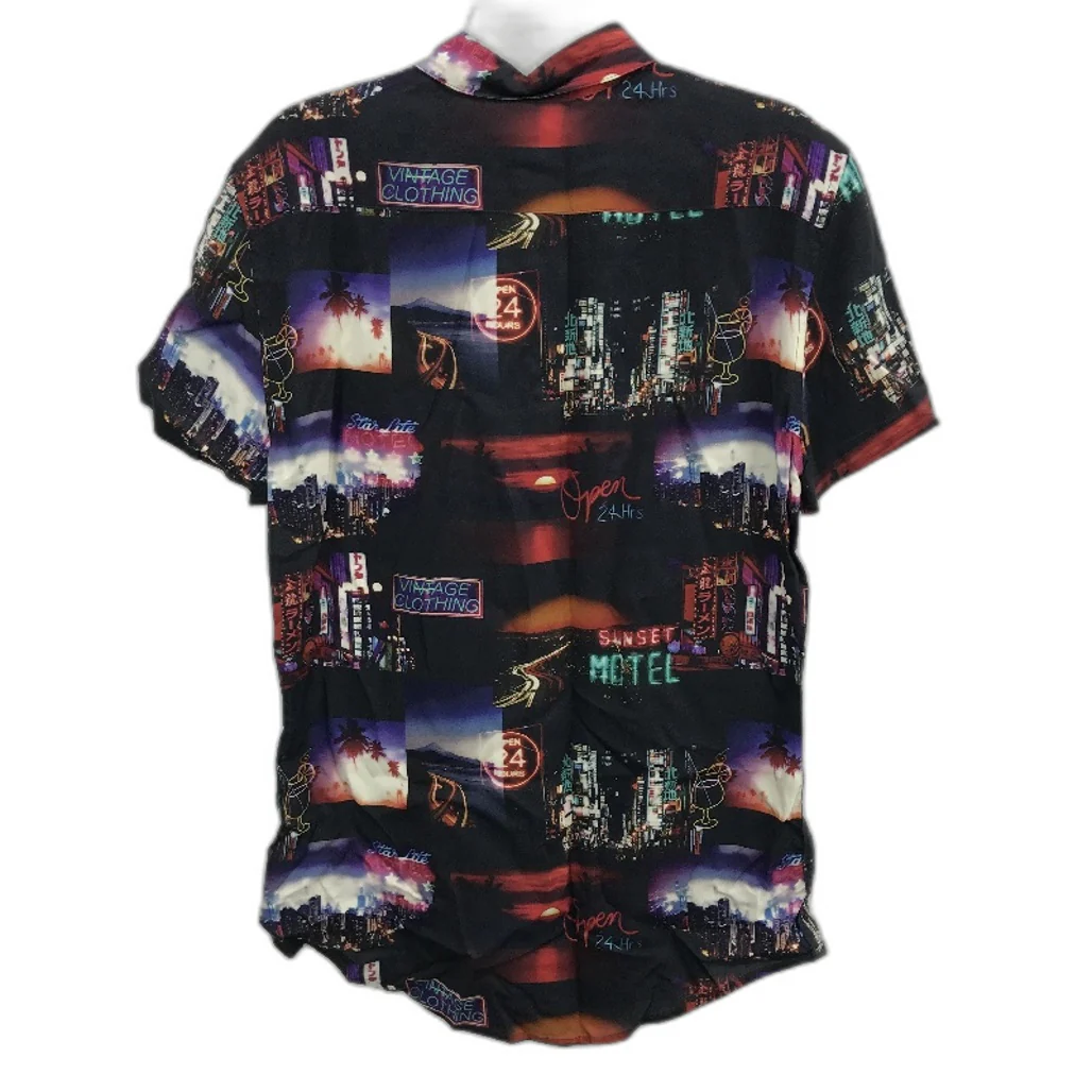 Kenji Black City Neon Life Design Button Regular Fit Summer Shirt Mens Sz M NEW - Image 2