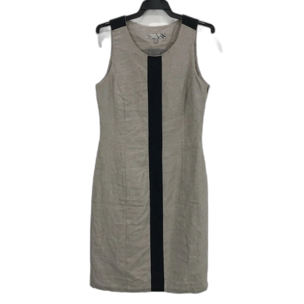 D'Auvry Khaki & Black Linen Cotton Blend Straight Line Dress Ladies Size 38 (S) - Image 2