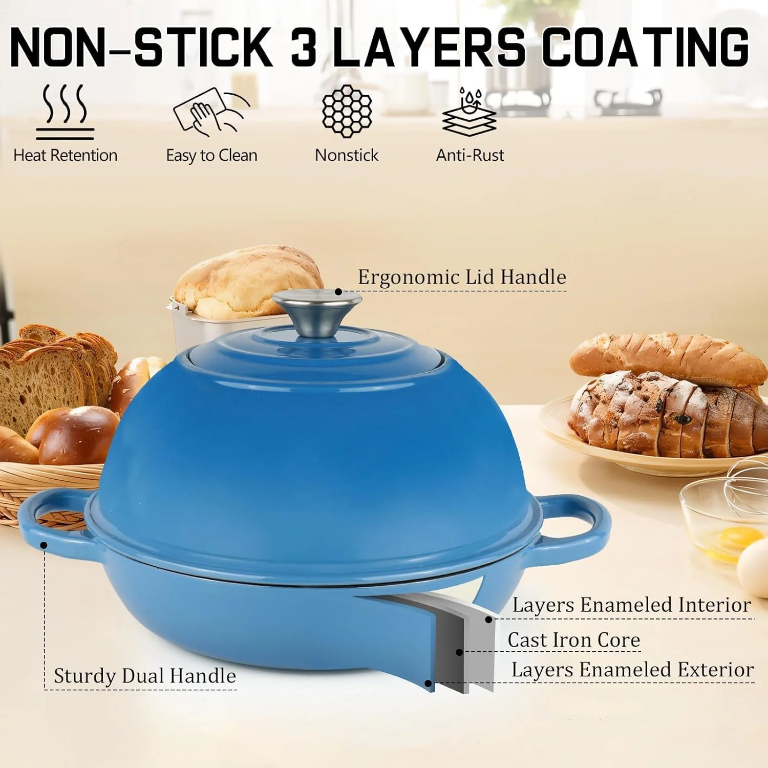 Quintin 6 Dutch Ovens Quart Enameled Cast Iron Dutch Oven Pot with Lid, NEW - Image 4