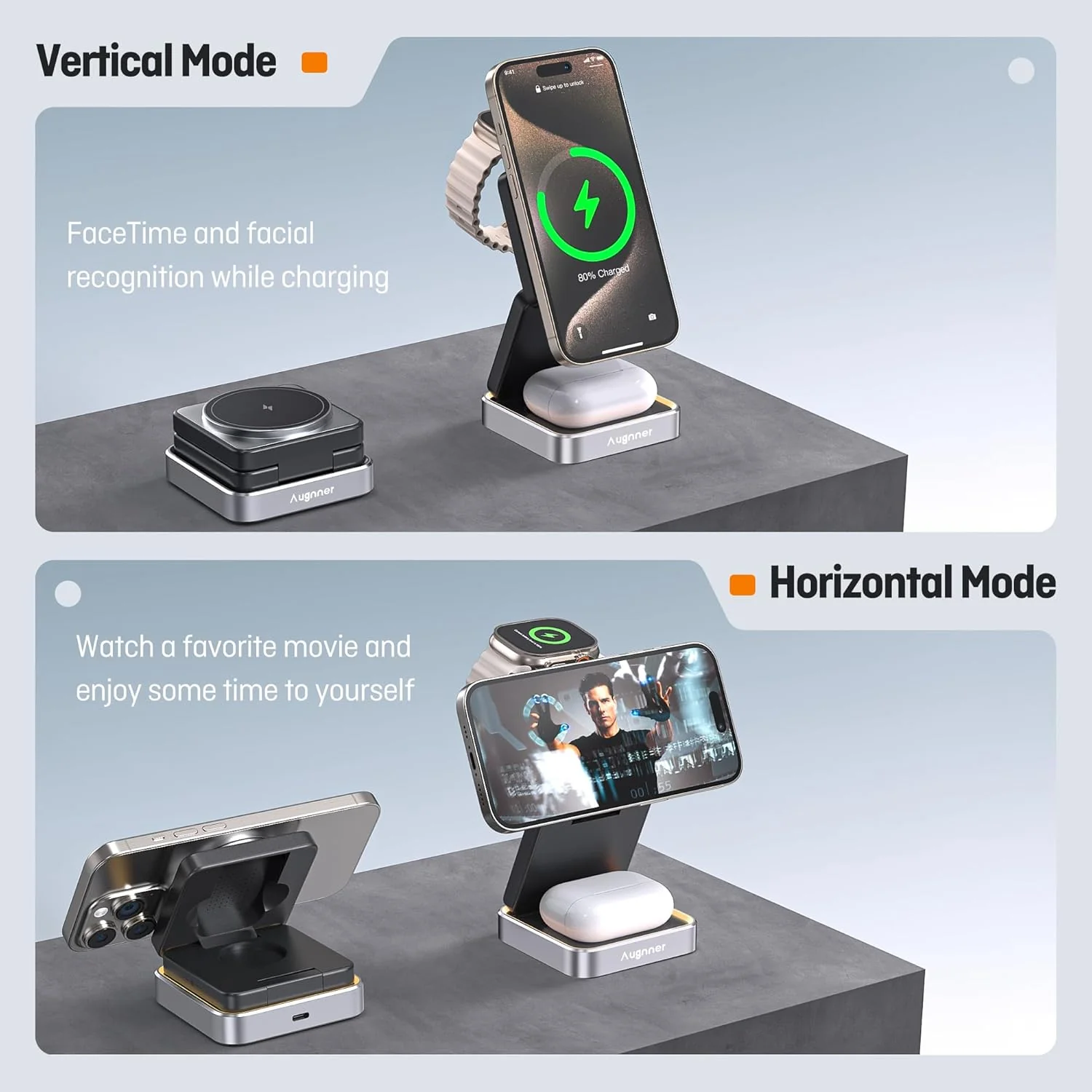 Augnner Foldable Wireless Charging Station with Night Light NEW - Image 3